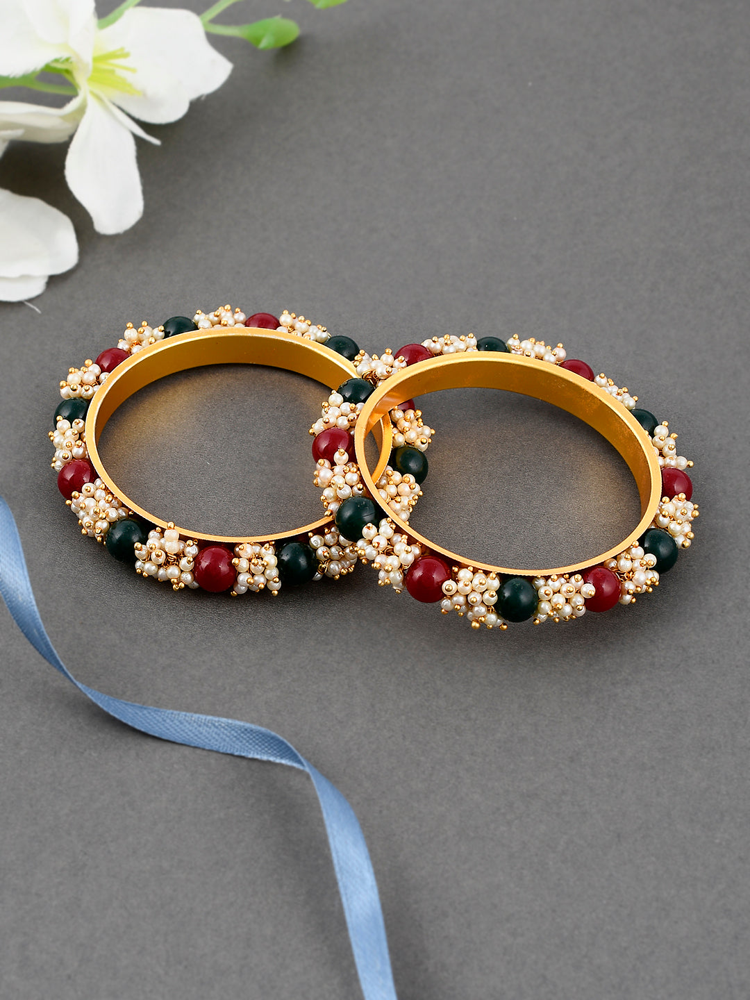 Green Red Gold Plated Pearls Set Of 2 Bangles For Women