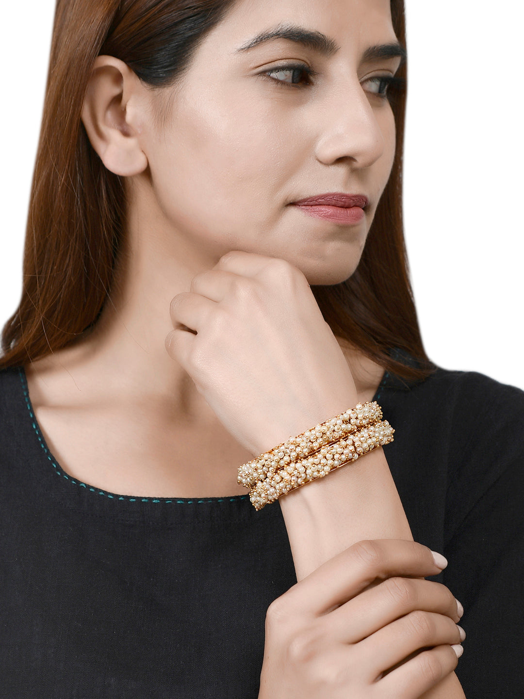 Gold Plated Pearl Studded Set Of 2 Traditional Bangles For Women