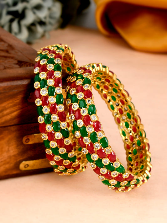 Set Of 2 Gold Plated Multi Stone Studded Handcrafted Bangles
