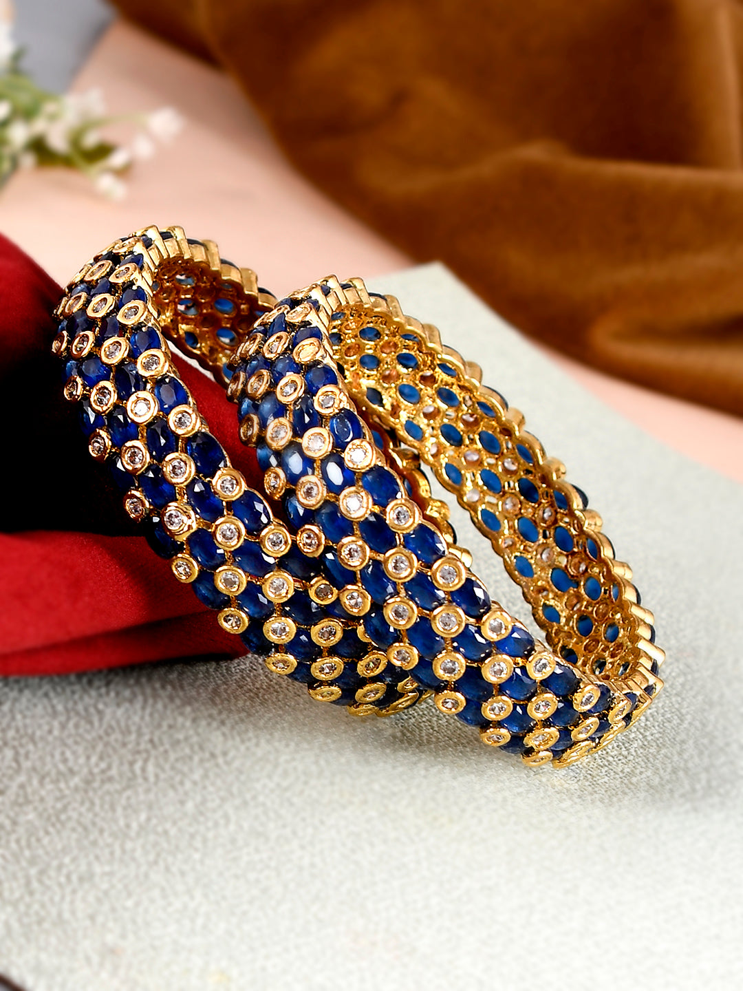 Set of 2 Gold Plated Blue Stone Studded Handcrafted Bangles for Women Online