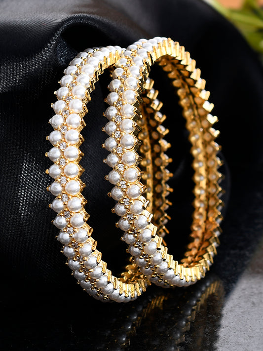 Set Of 2 Gold Plated Pearl Beads Enamelled Bangles