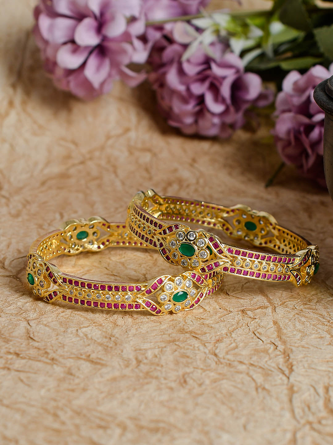 Gold Plated Jadau Ad Red Greenset of 2 Kada Bangles for Women Online