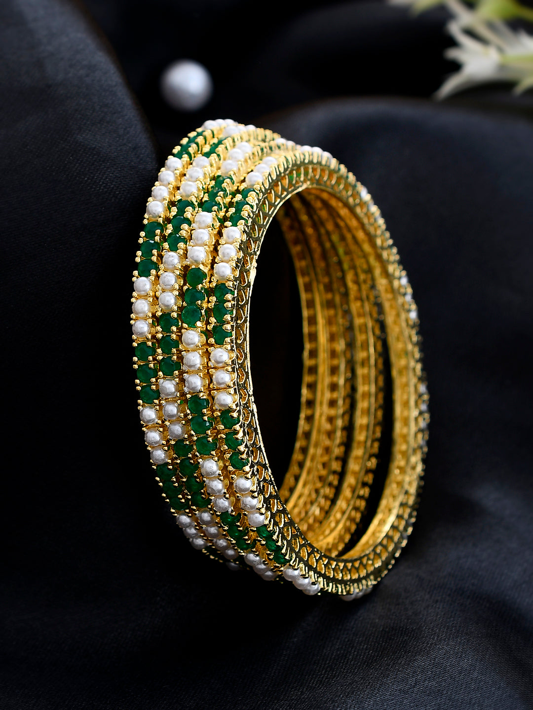 Set of 4 Gold Plated Green Pearl Handcrafted Bangles for Women Online