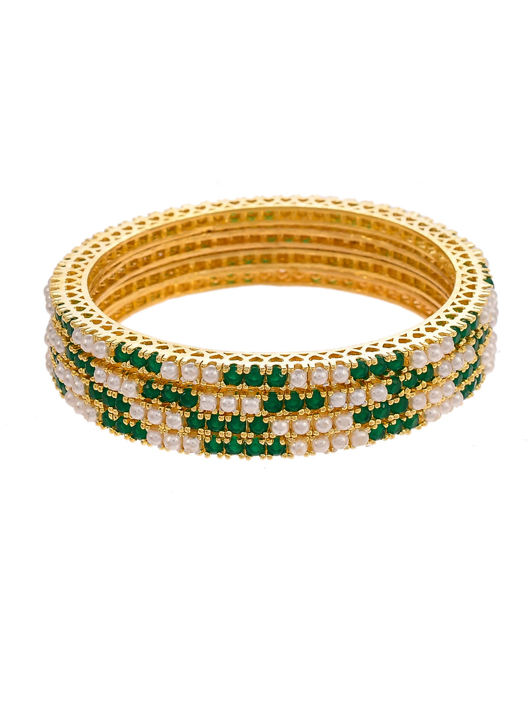Set Of 4 Gold Plated Green Pearl Studded Handcrafted Bangles