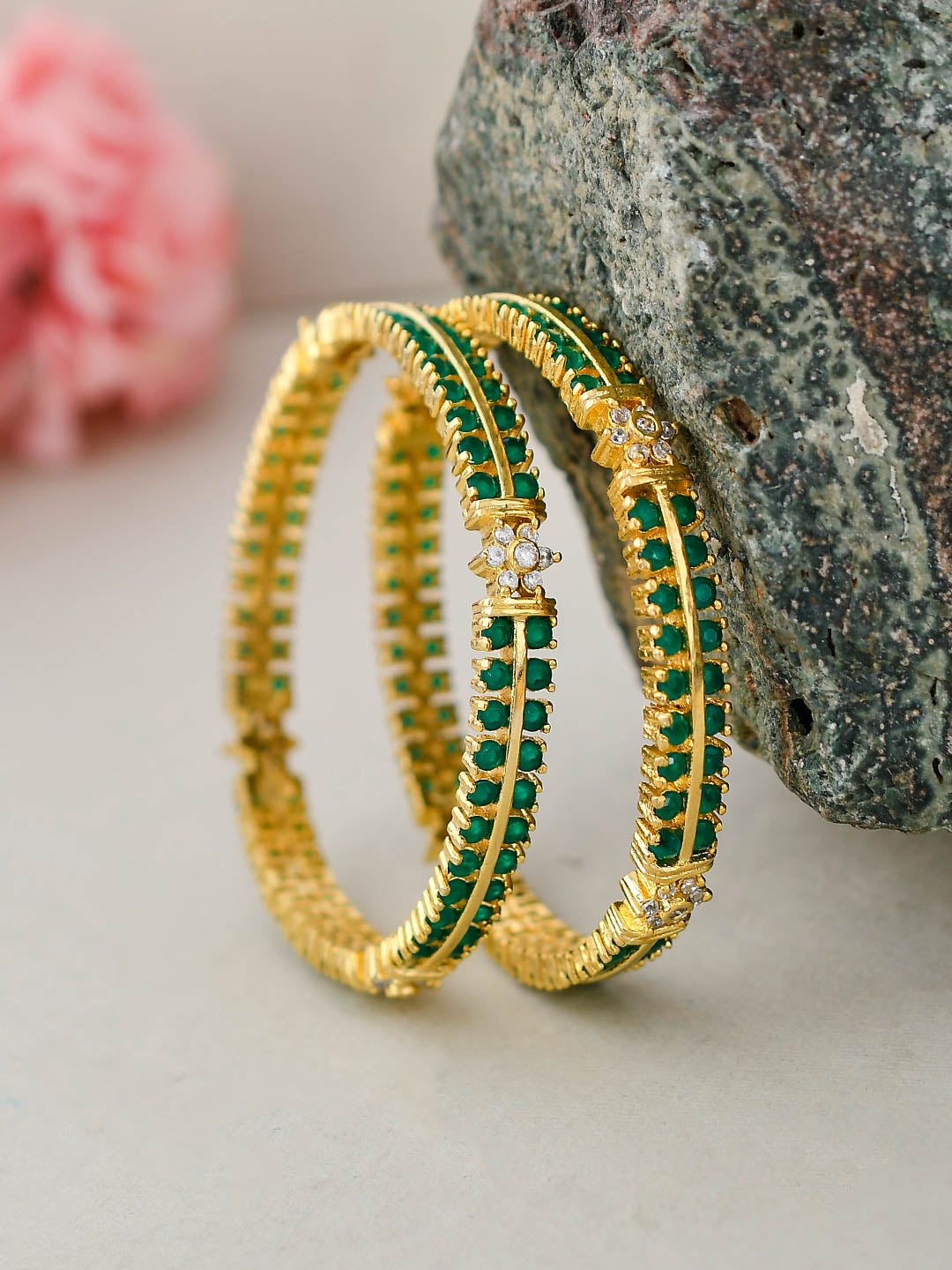 Gold Plated Green American Diamond Brifdal Kangan Bangles