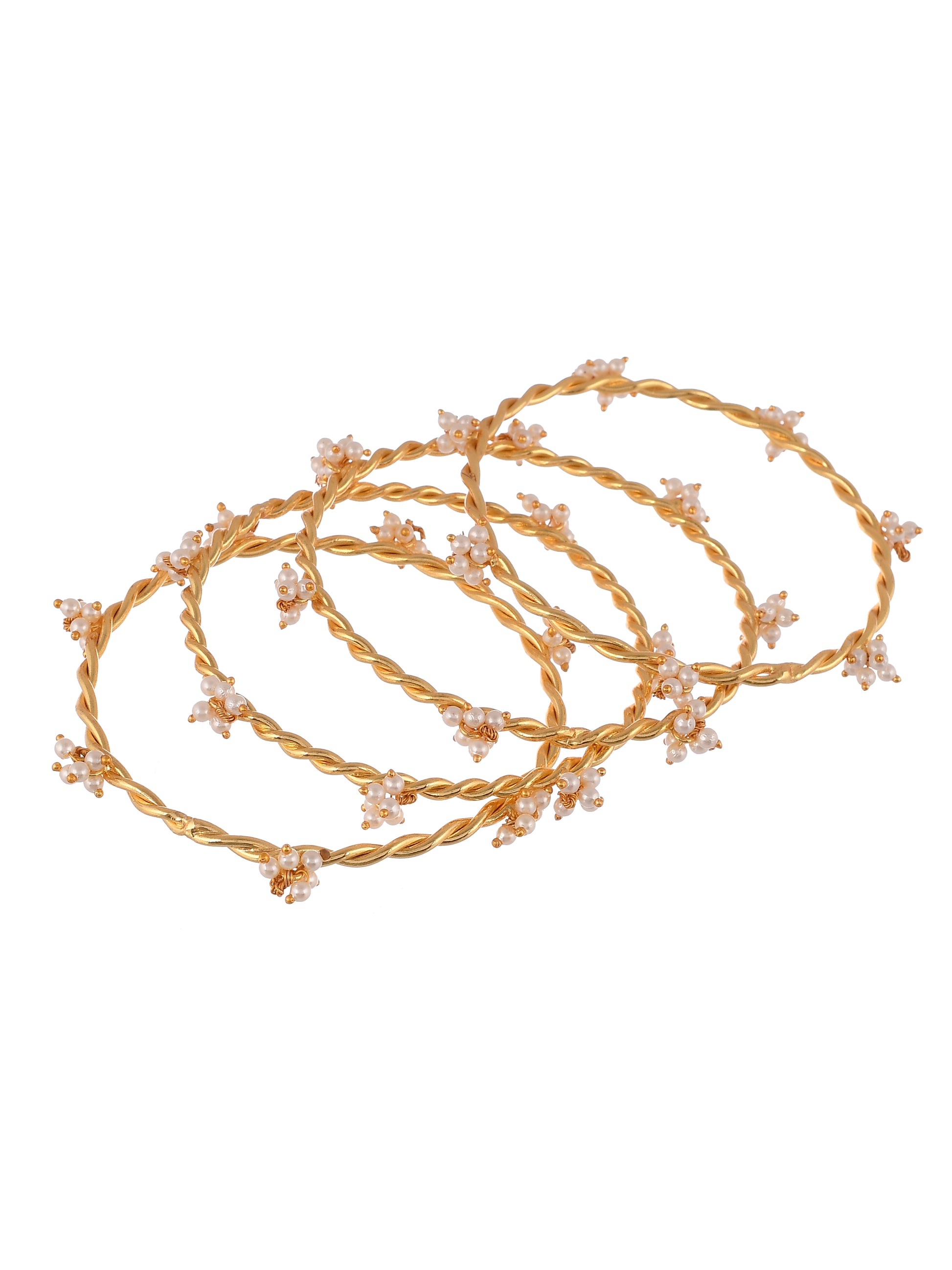 Set Of 4 Gold Plated Pearl Twisted Bangles