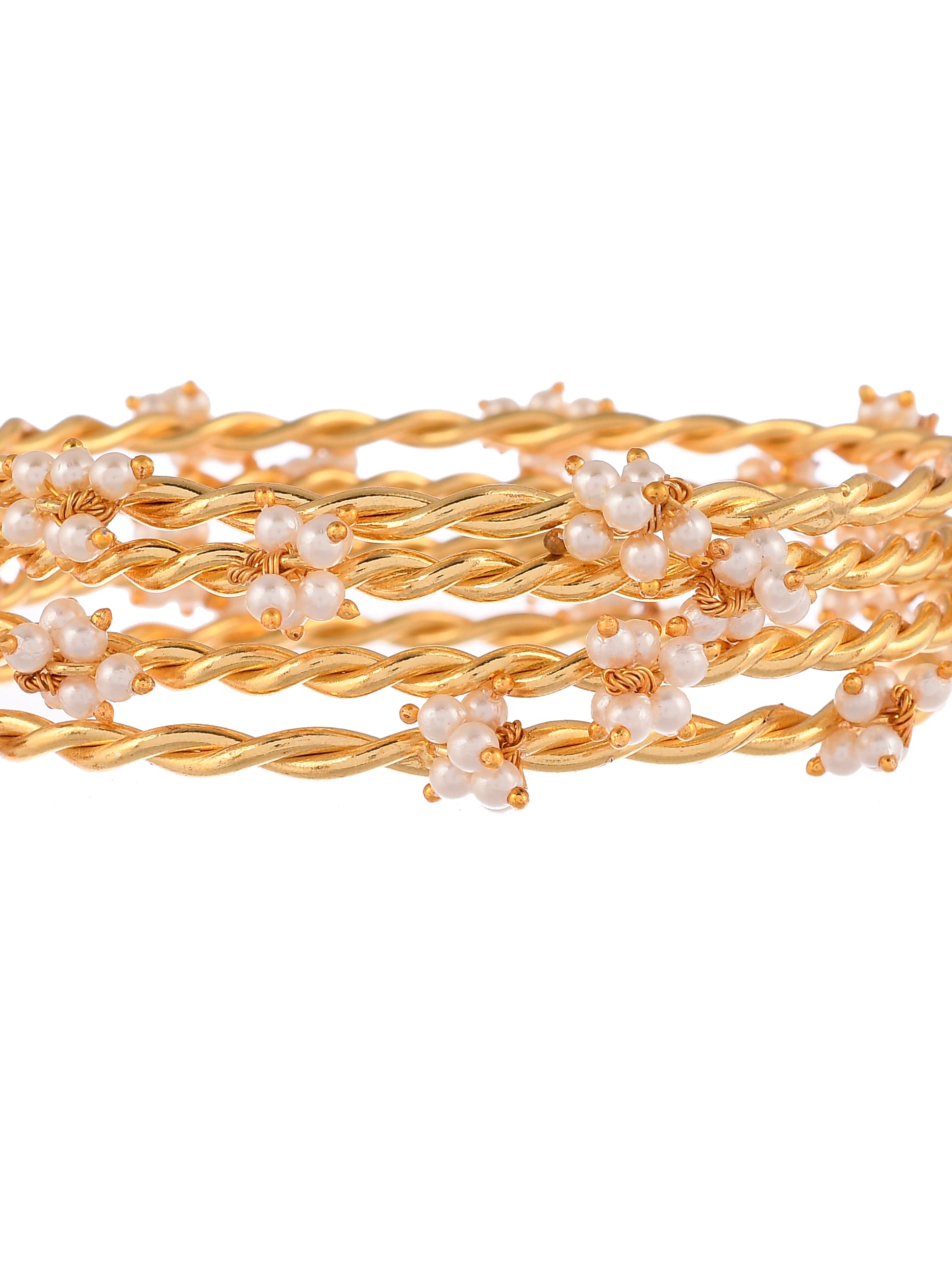 Set Of 4 Gold Plated Pearl Twisted Bangles