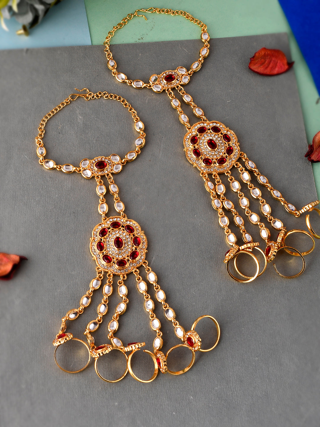 Set of 2 Gold Toned & Red Stone Hathphool Bracelets for Women Online