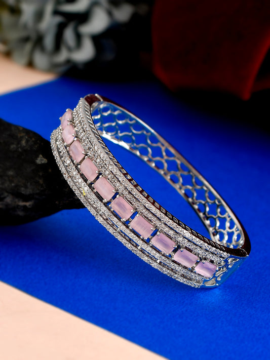 Women Silver Plated AD Pink Stone Studded Bangle Style Bracelet