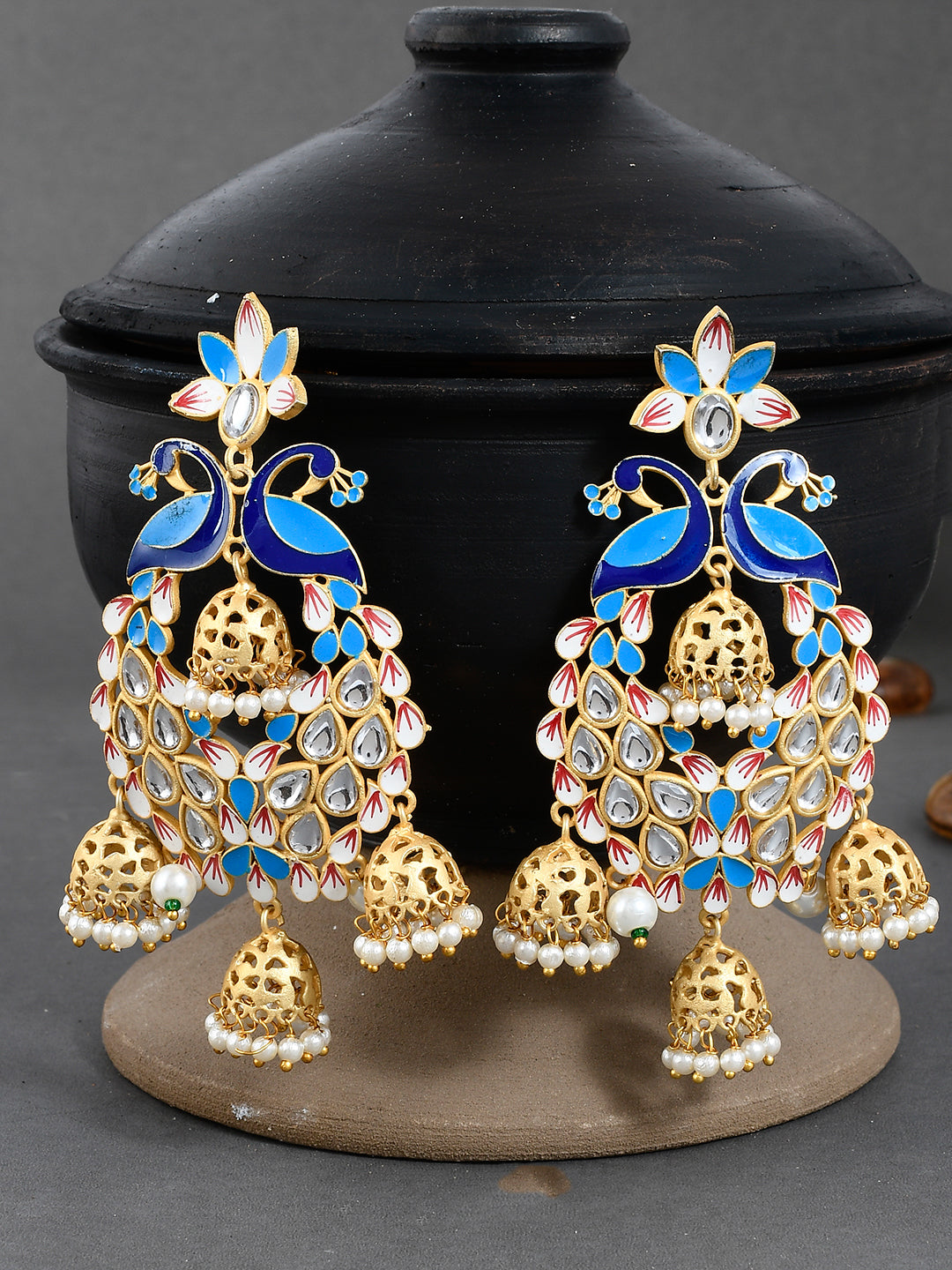 Gold Plated Traditional Blue Meenakari Kundan Pearl Jhumka Earrings for Women Online
