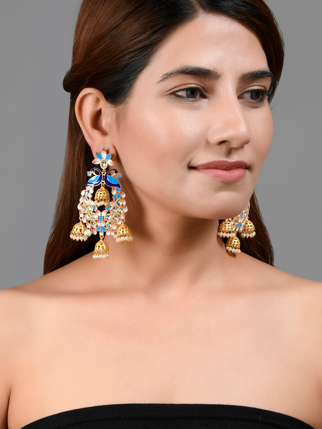 Gold Plated Traditional Blue Meenakari Kundan Pearl Jhumka Earrings