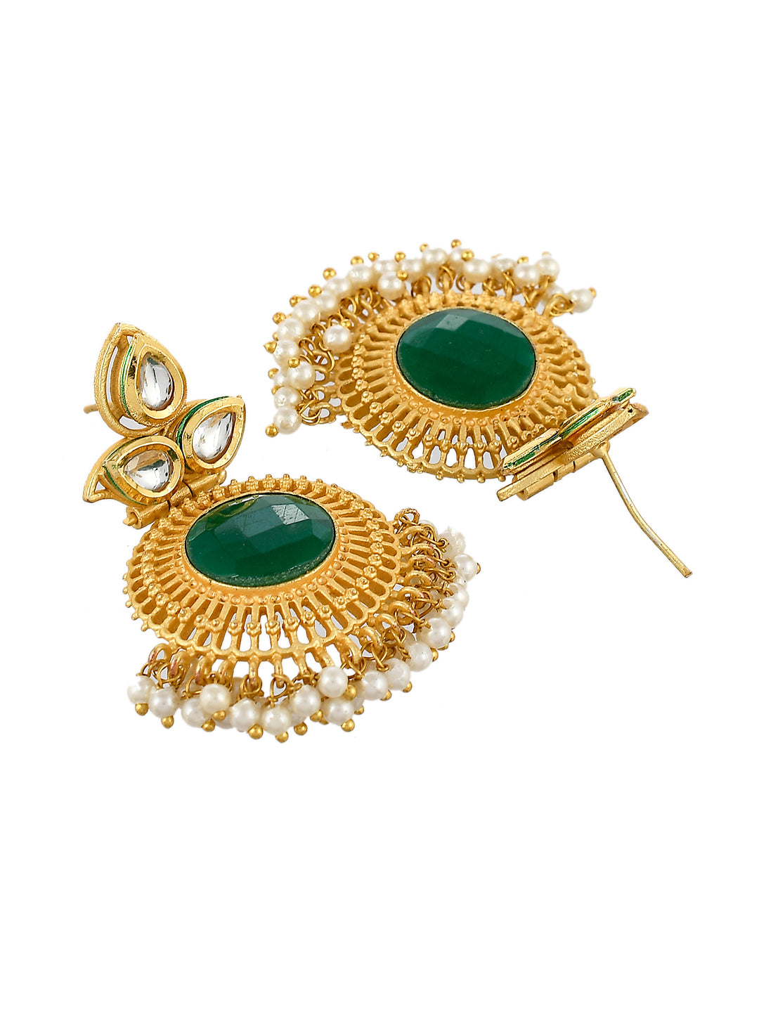 Gold Plated Green Emerald Pearl Drop Earrings For Women