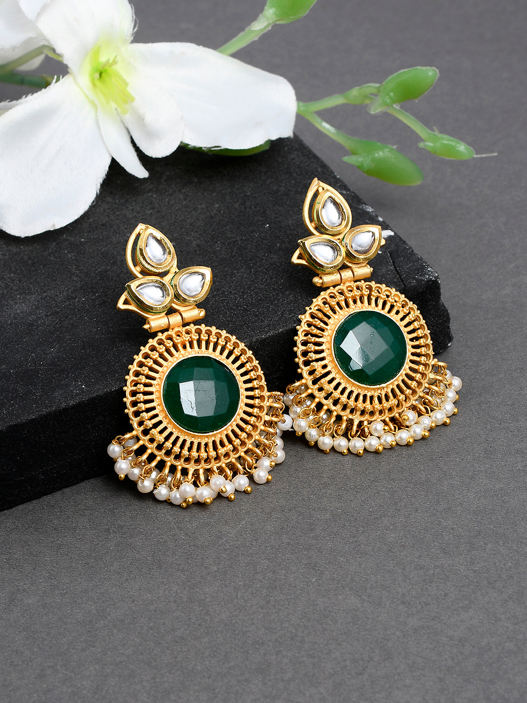 Gold Plated Green Emerald Pearl Drop Earrings for Women Online at