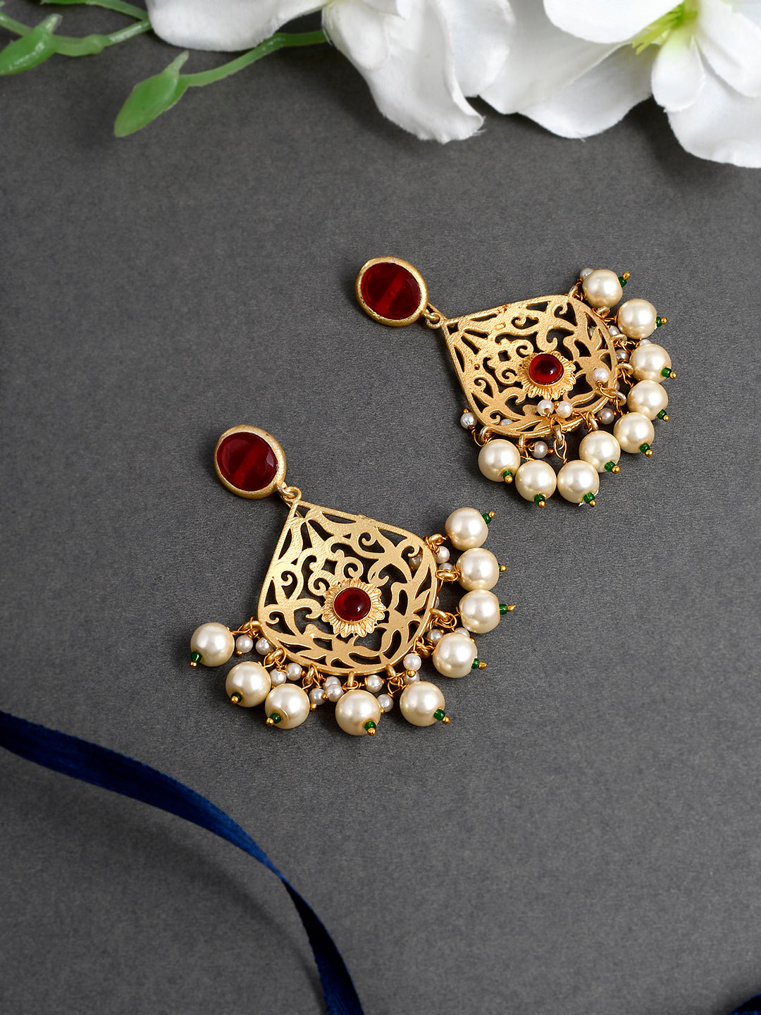 Red Gold Filigree Pankhi Traditional Drop Earrings