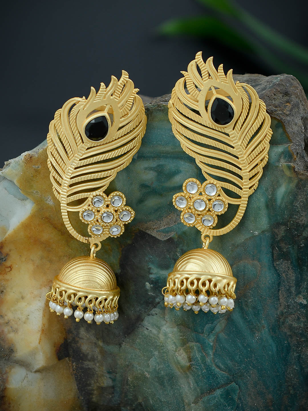 Buy Peacock Feather Golden Jhumki Earrings for Women Online at