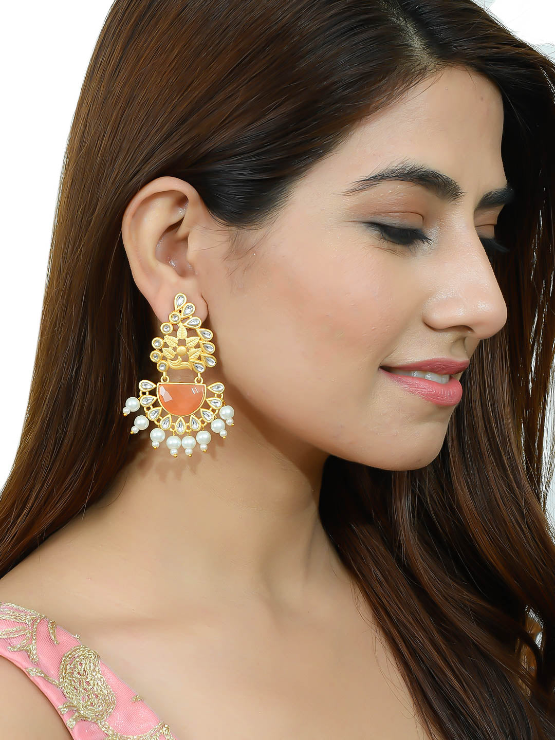 Traditional Ethnic Golden Orange Pearl Chandbali Earrings