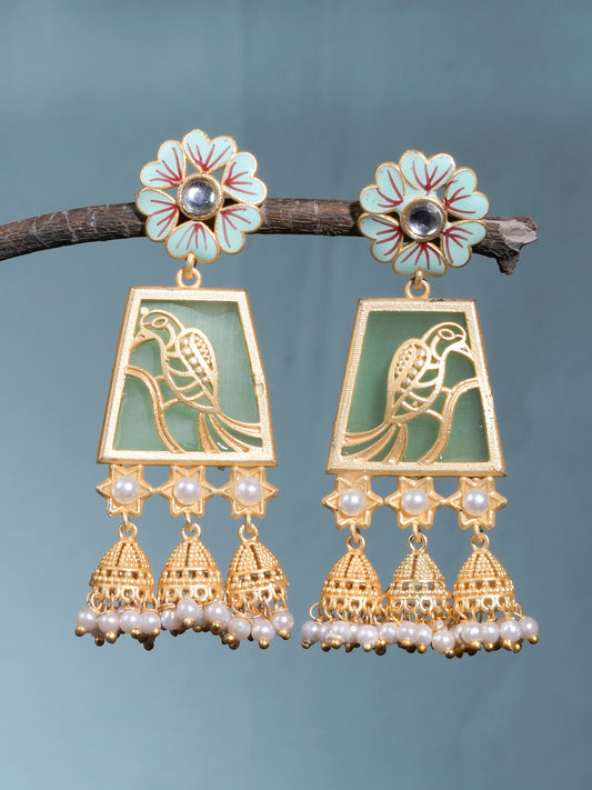 Ethnic Indian Gold Plated Pistachio Meenakari Jhumkas Earrings