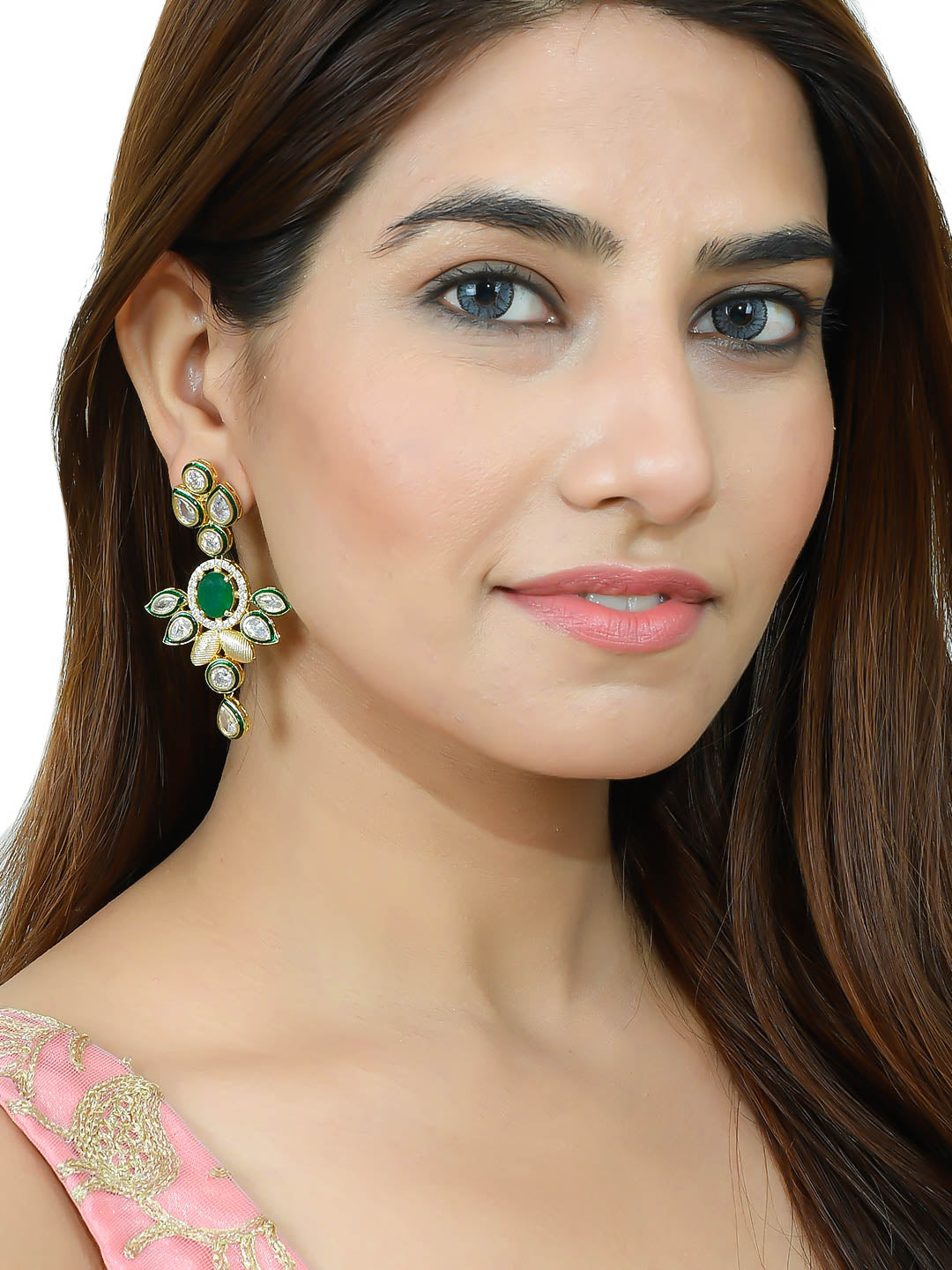 Green Minakari Kundan Long Earrings For Women