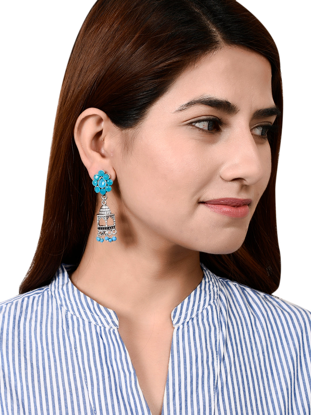 Blue Oxidized Silver Plated Stylish Jhumka Earrings