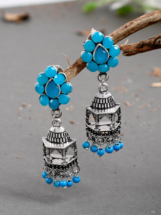 Blue Oxidized Silver Plated Stylish Jhumka Earrings for Women Online