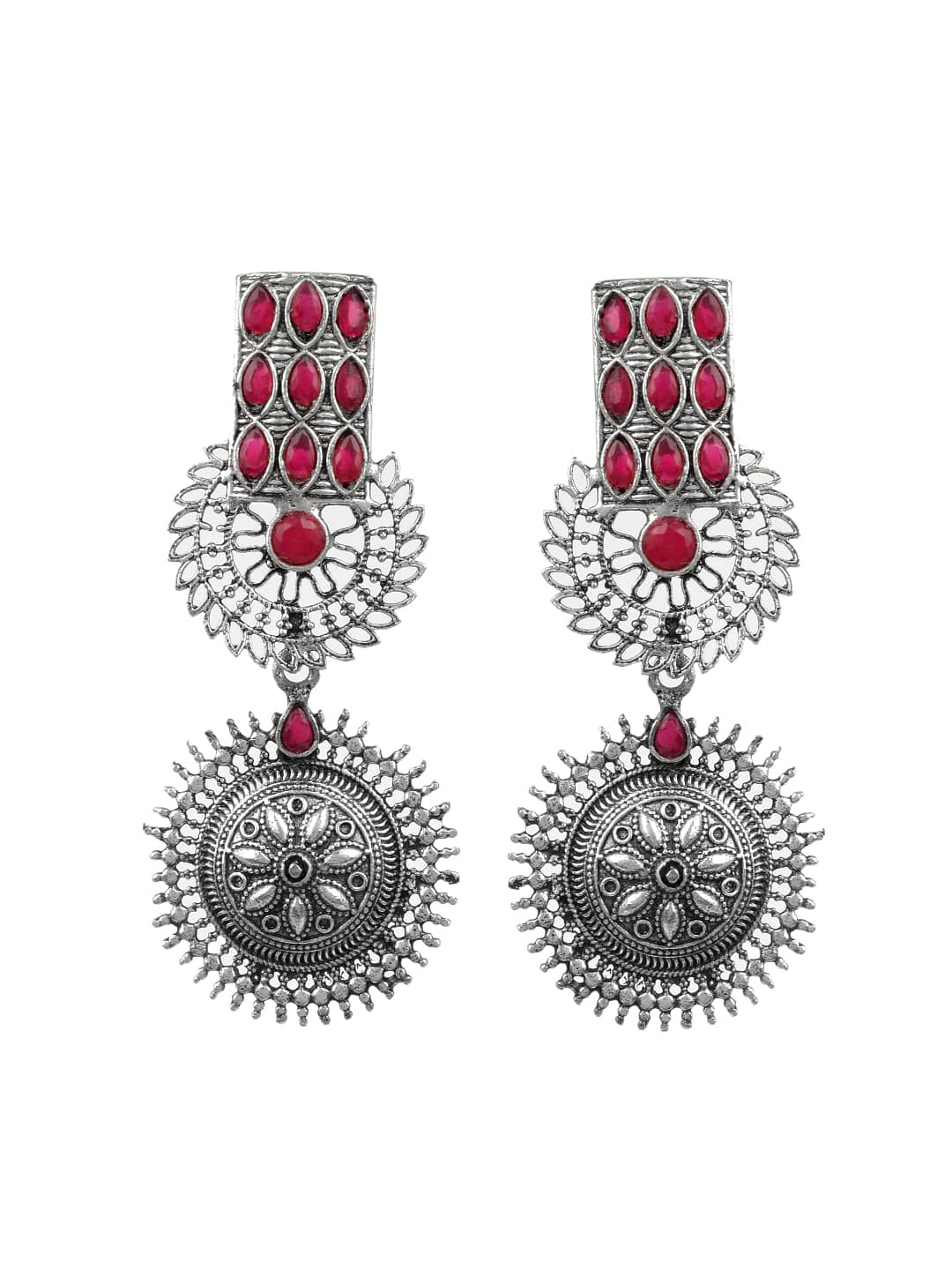 Bollywood Pink Oxidized Silver Long Dangler Drop Earrings