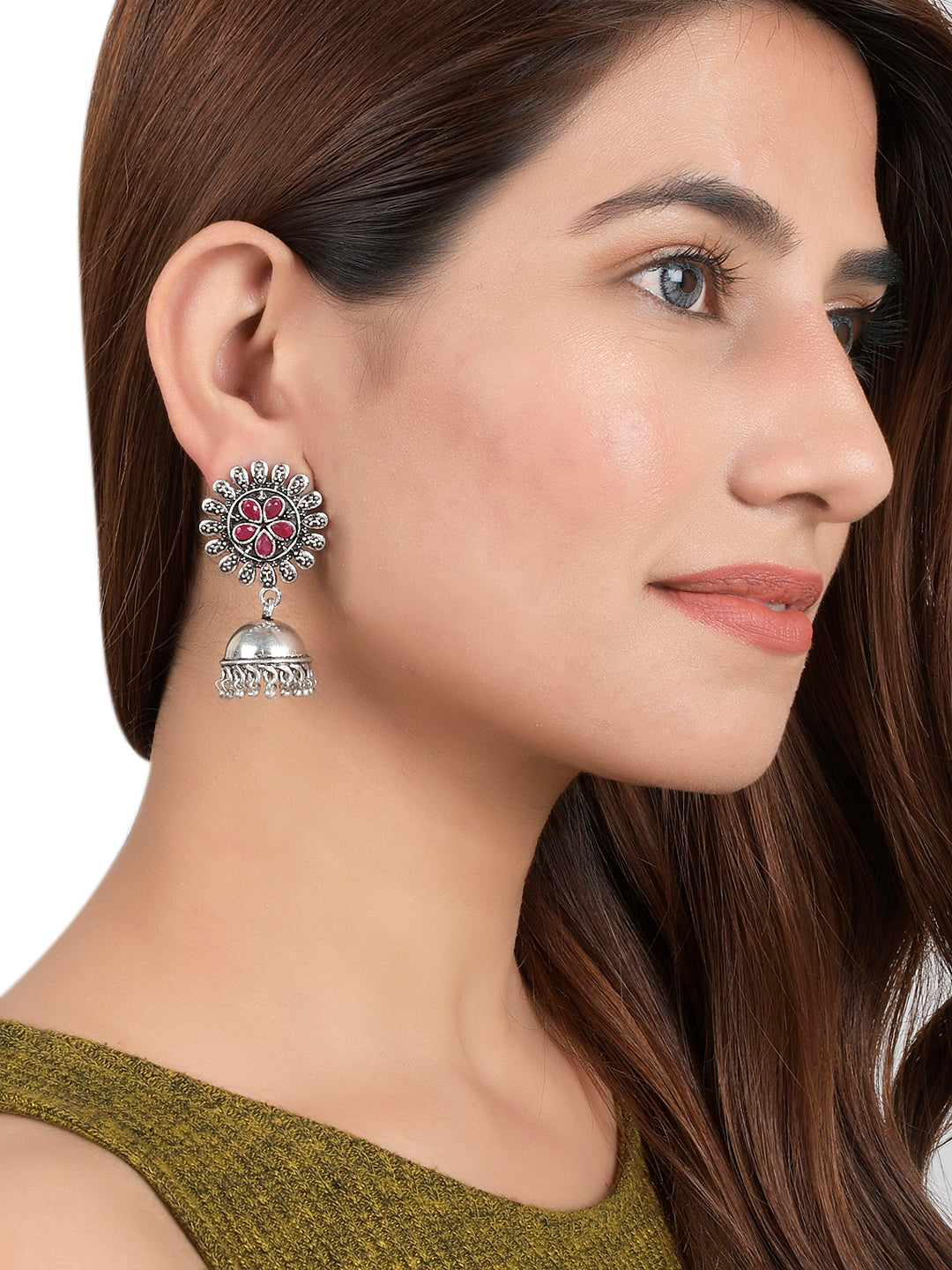 Traditional Oxidized Pink Silver Tone Jhumka Earrings For Women