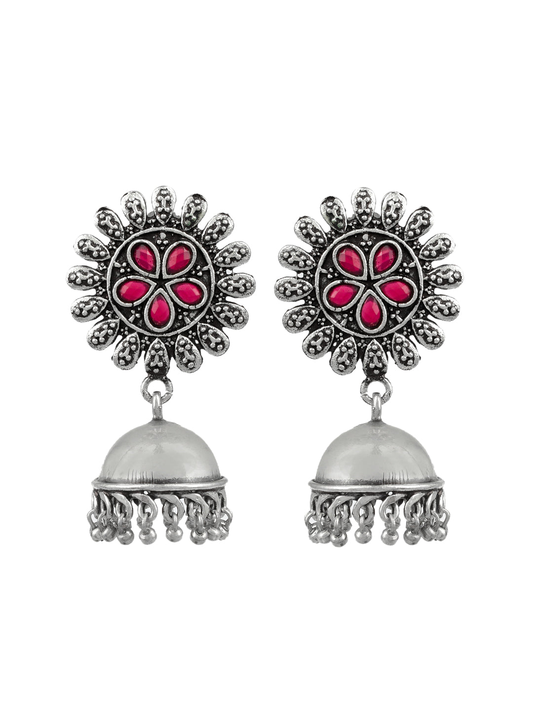 Traditional Oxidized Pink Silver Tone Jhumka Earrings For Women
