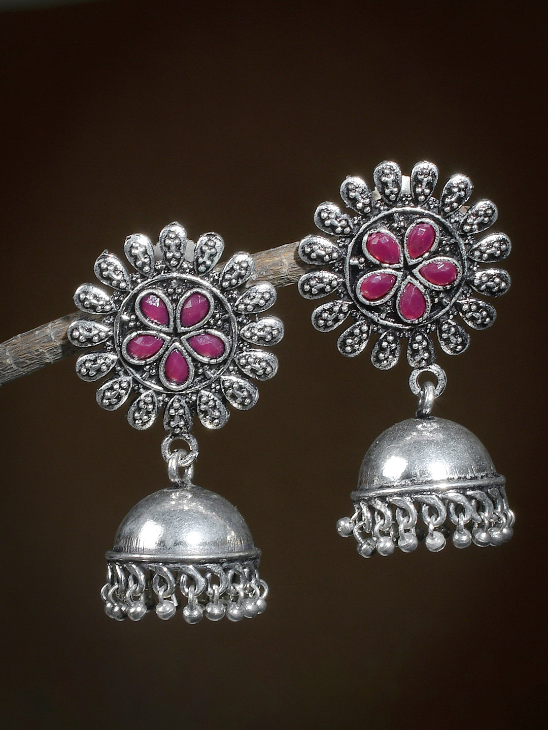 Traditional Oxidized Pink Silver Tone Jhumka Earrings for Women Online