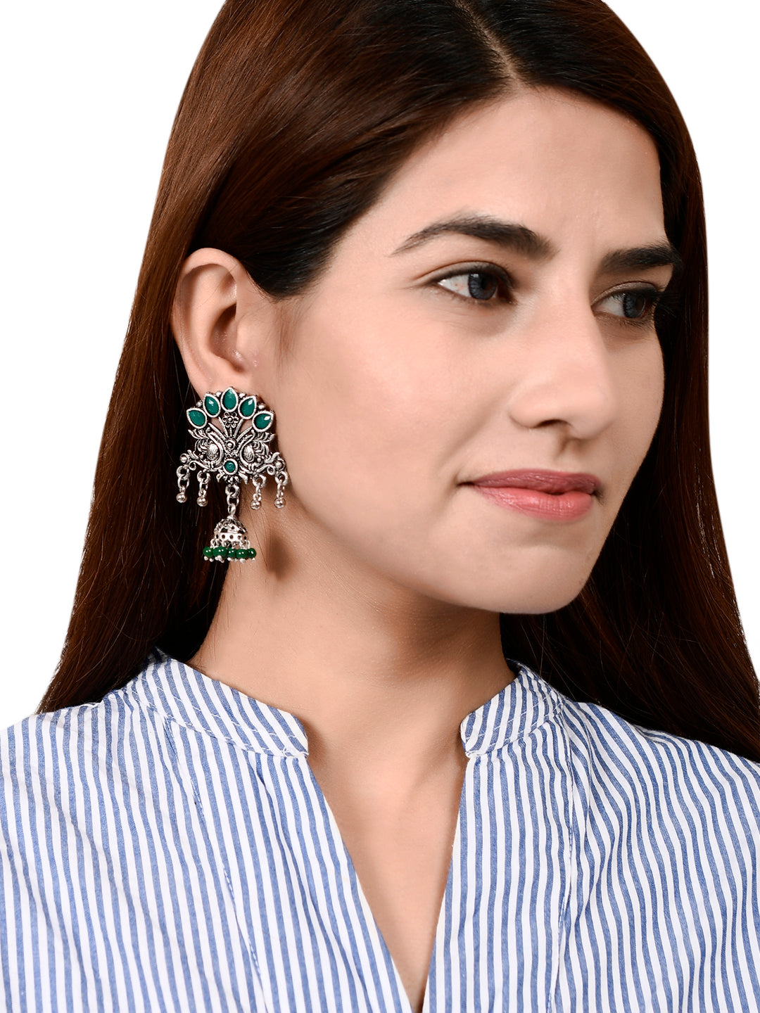 Traditional Green Oxidized Silver Look Alike Jhumka Earrings For Women
