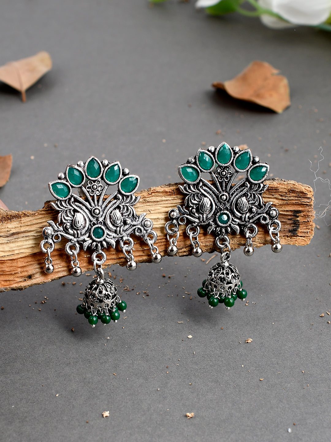 Traditional Green Oxidized Silver Look Alike Jhumka Earrings For Women