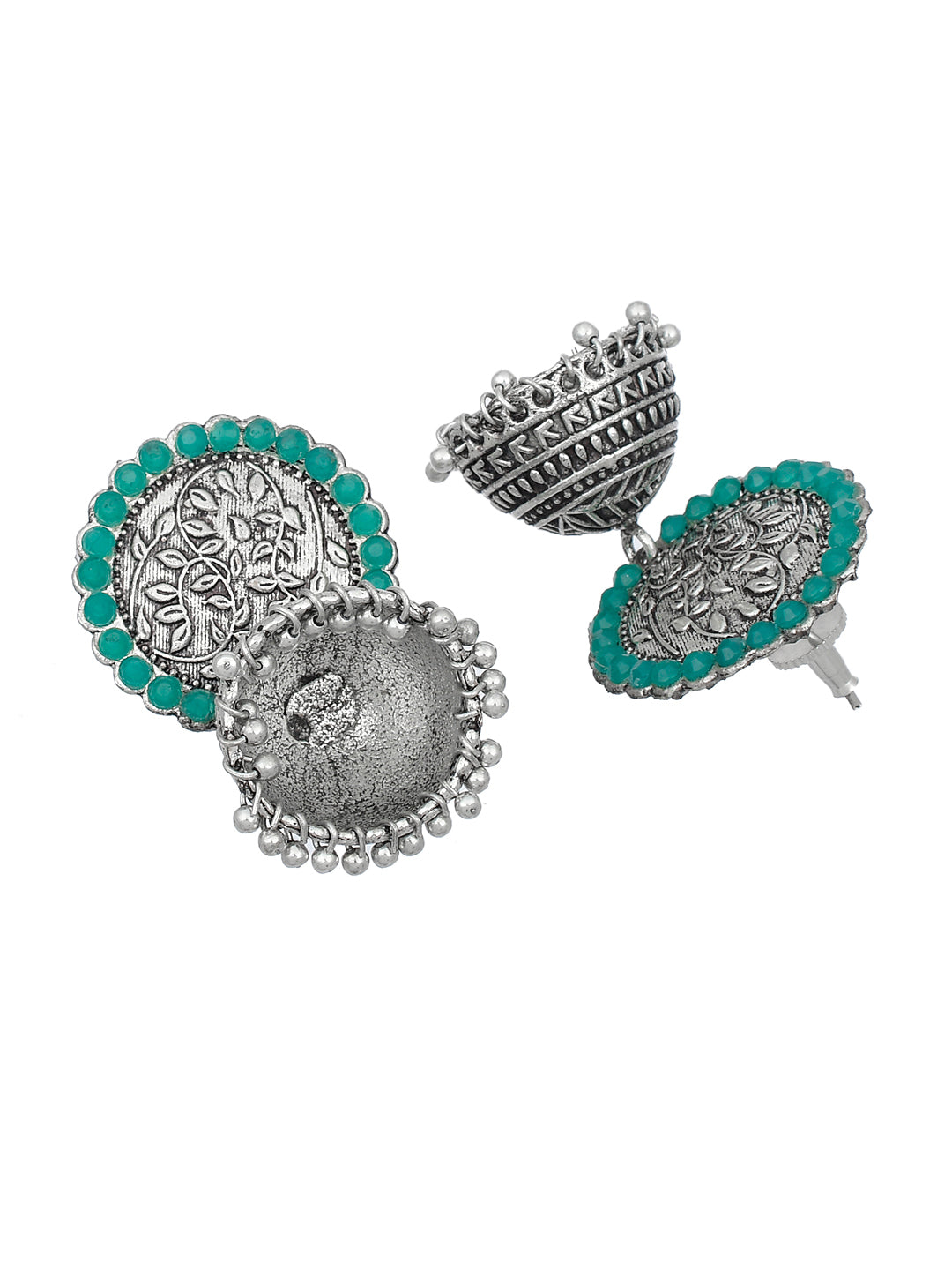 Green Oxidized Silver Jhumka Earrings For Women