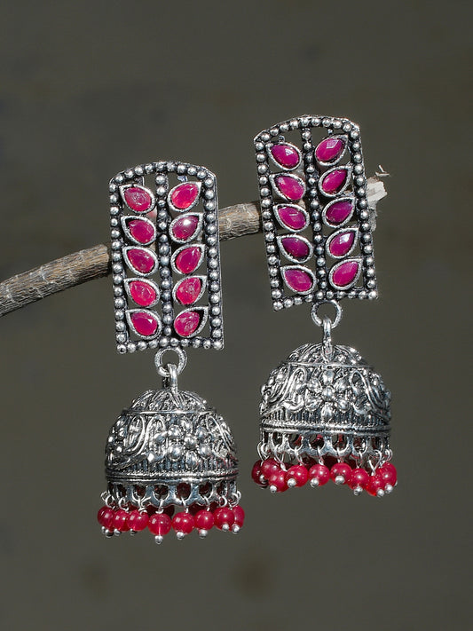 Oxidized Silver Pink Jhumka Earrings for Women Online