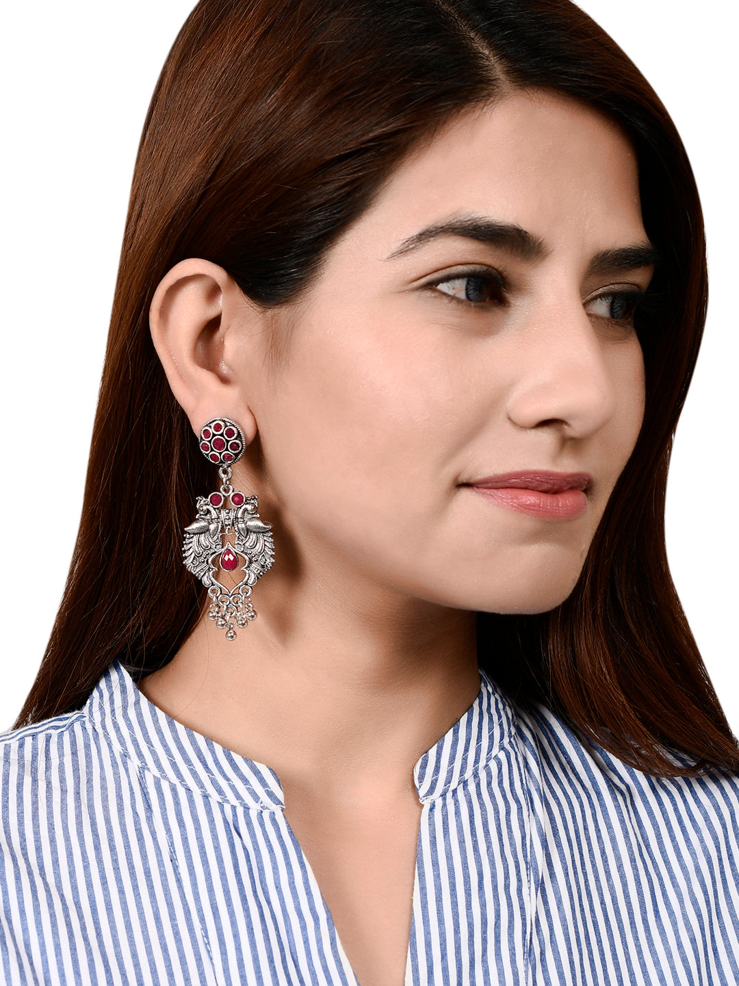 Oxidized Silver Plated Pink Drop Earrings For Women