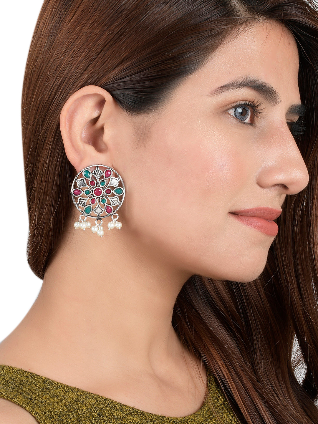 Classic Pink Green Oxidized Filigree Stud Earring For Women