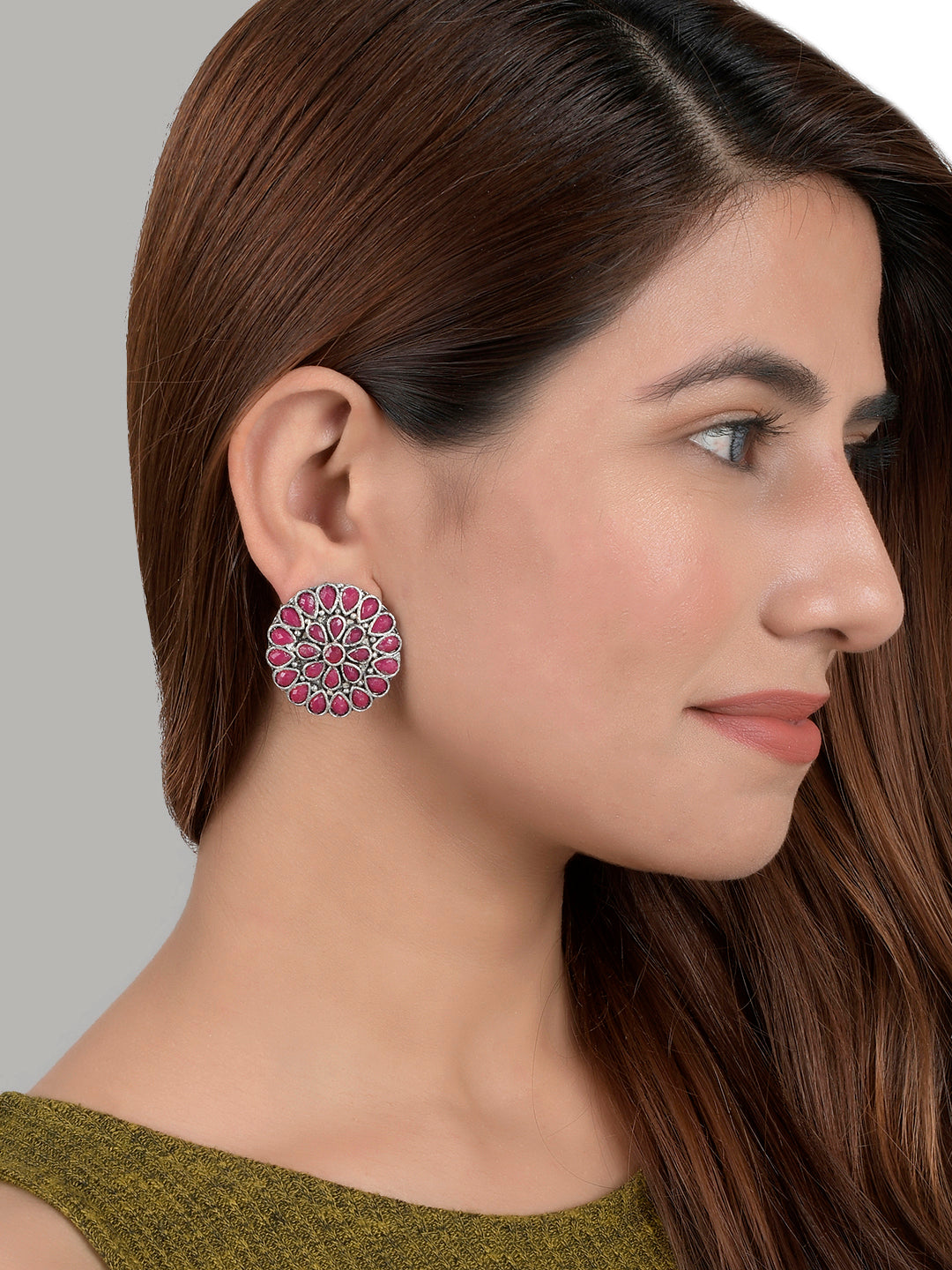 Classic Pink Oxidized Stud Earring For Women