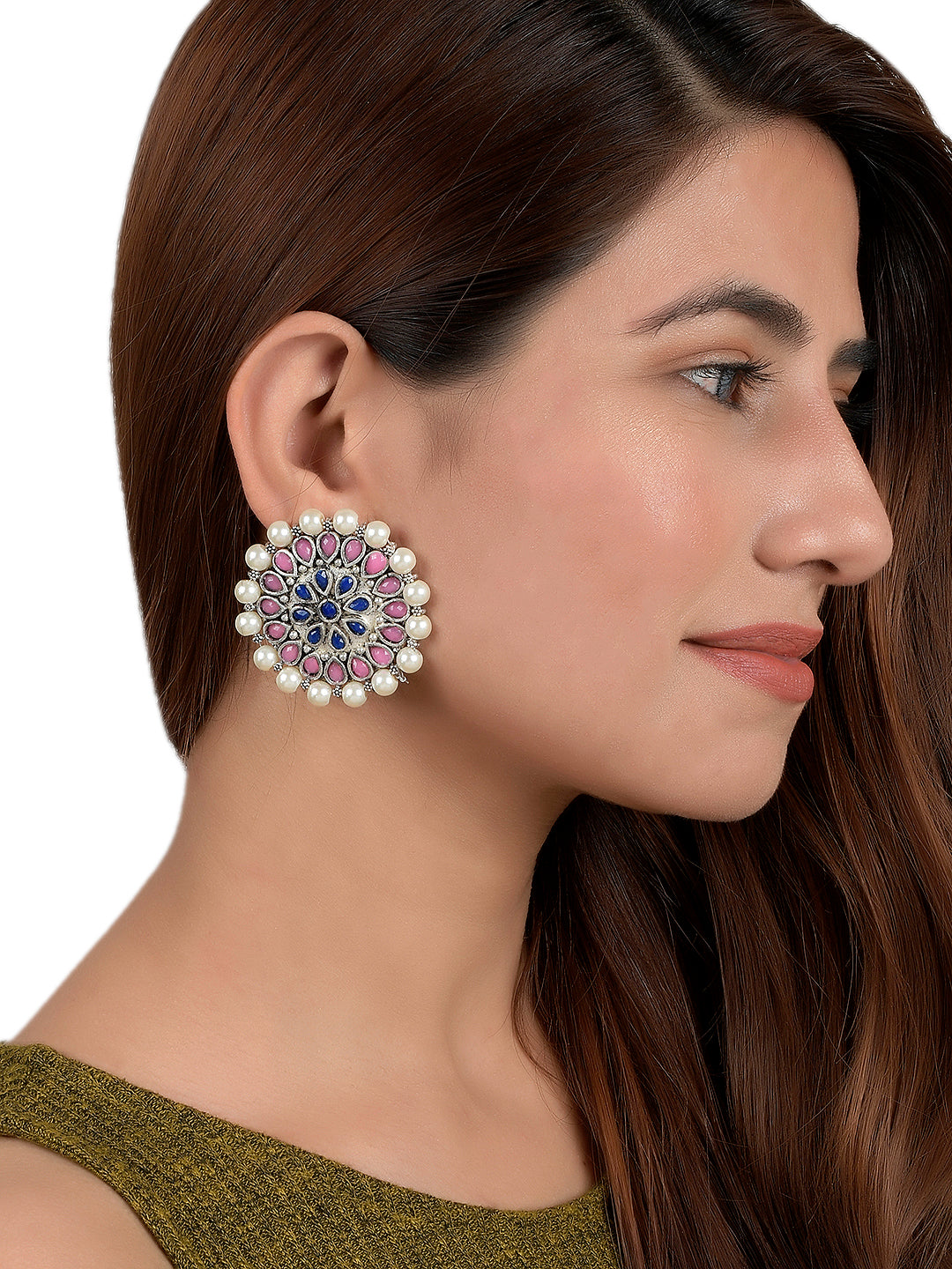 Pink baby blue Lotus charm tassel flower gemstone earrings at ₹1400 | Azilaa