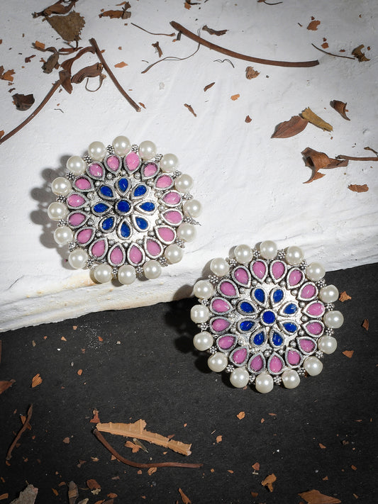 Indian Ethnic Pink Blue Kundan Pearl Stud Earrings for Women Online