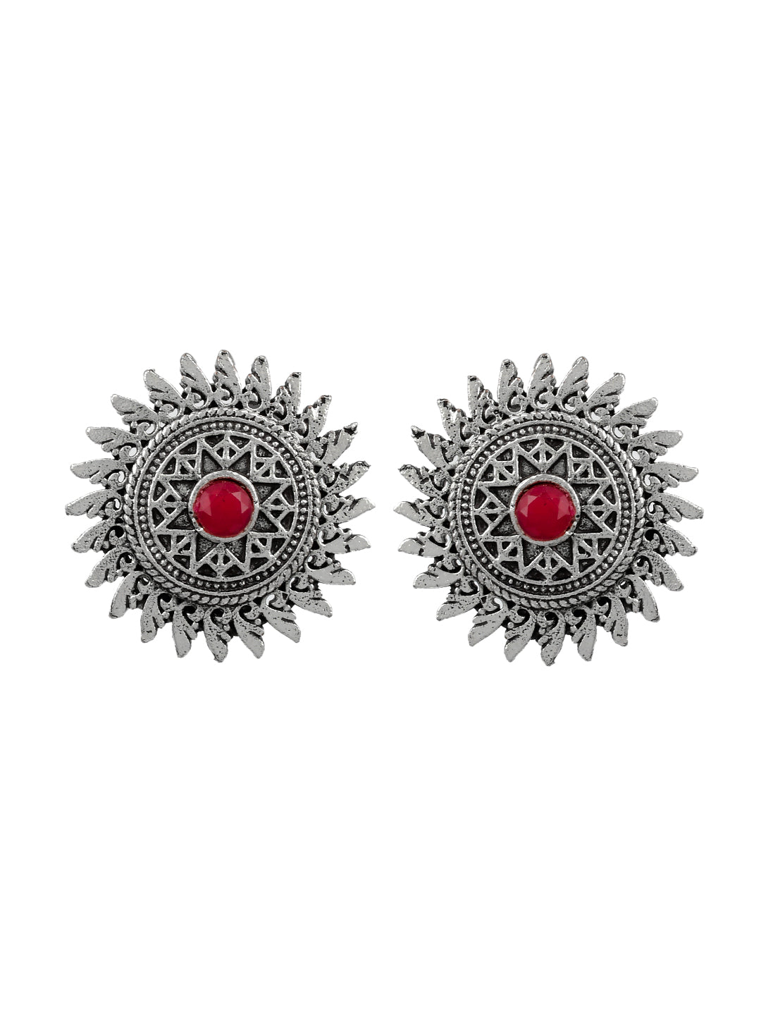 Floral Oxidized Silver Tone Trendy Pink Stone Stud Earring