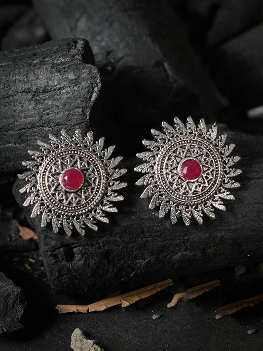 Floral Oxidized Silver Tone Trendy Pink Stone Stud Earrings for Women Online