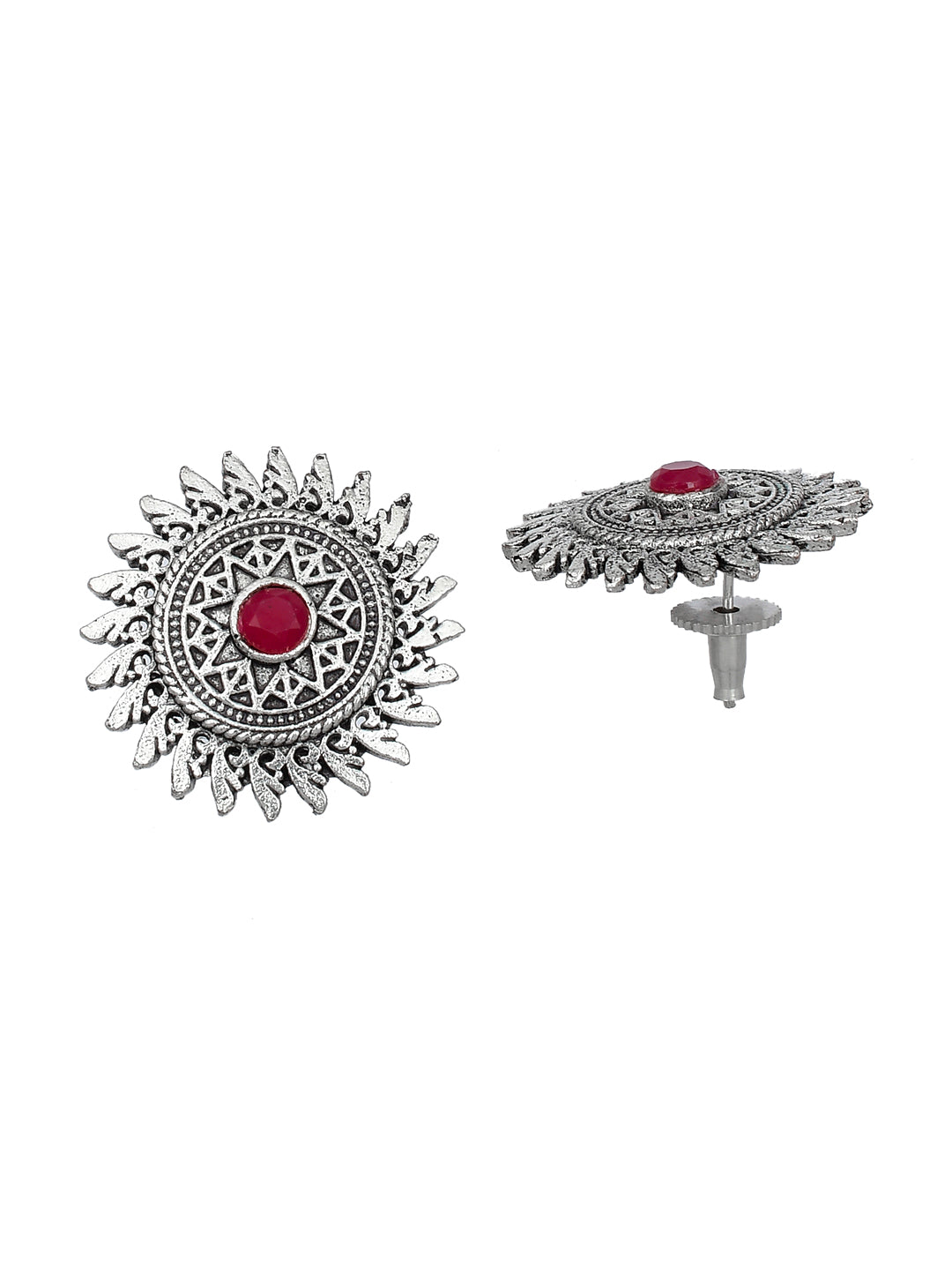 Floral Oxidized Silver Tone Trendy Pink Stone Stud Earring