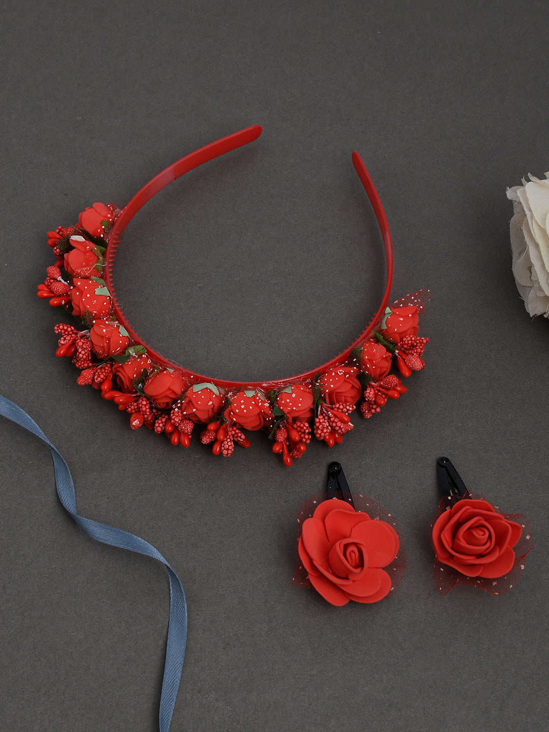 Red Floral Tiara Hairband With Floral Tictac Hair Cilps for Women Online