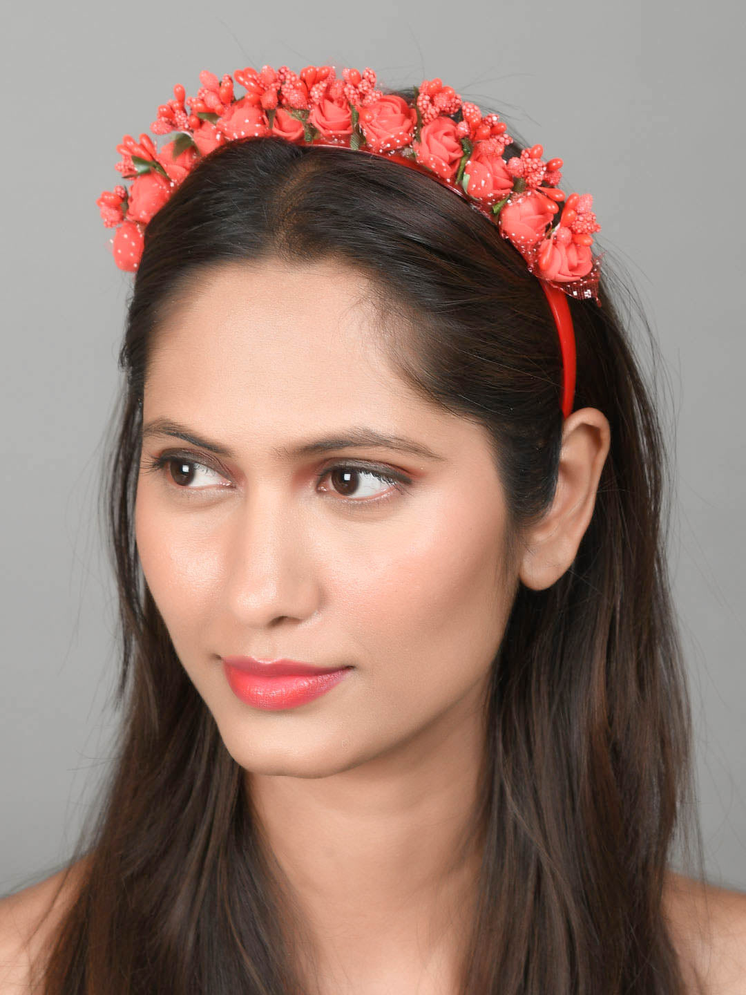Red Floral Tiara Hairband With Floral Tictac Hair Pin