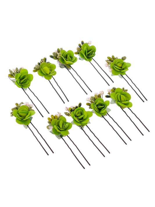 Set of 10 Women Green Flower Embellished Beaded U Pins for Women Online