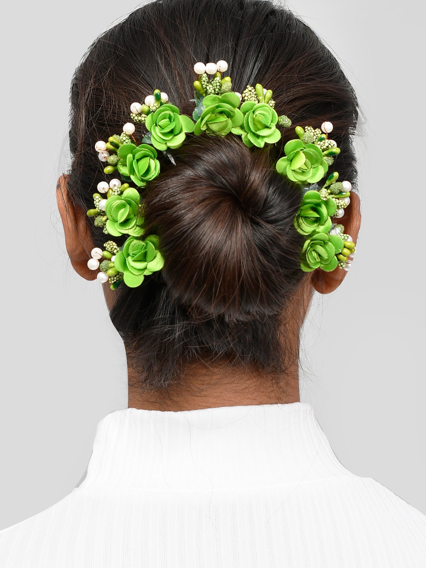 Set Of 10 Women Green Flower Embellished Beaded U Pins
