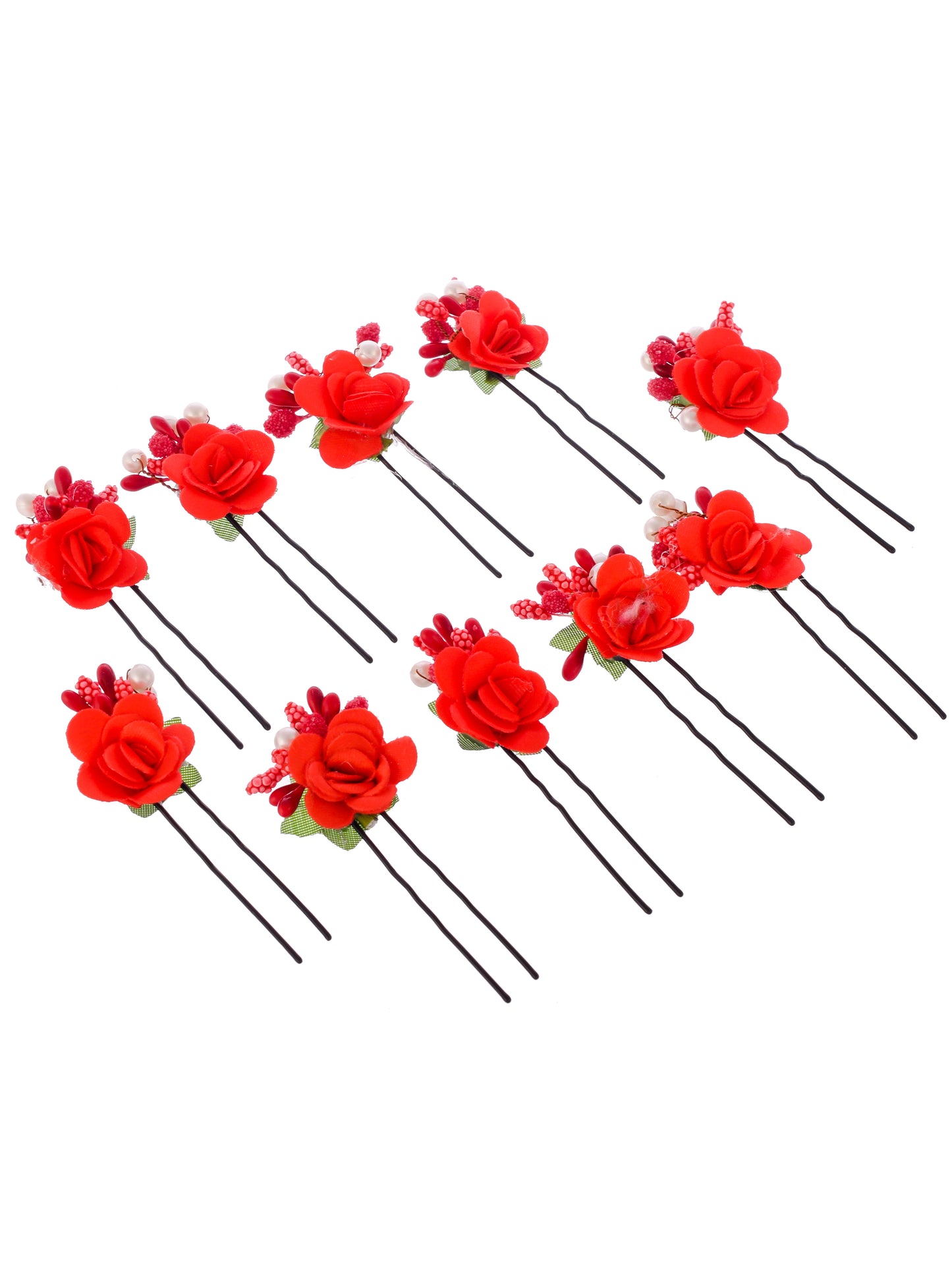 Set Of 10 Women Red Flower Embellished Beaded U Pins