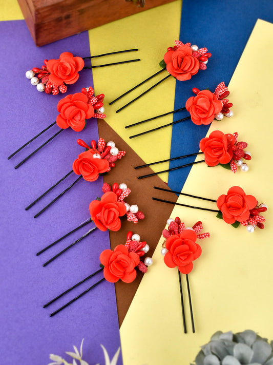 Set of 10 Women Red Flower Embellished Beaded U Pins for Women Online