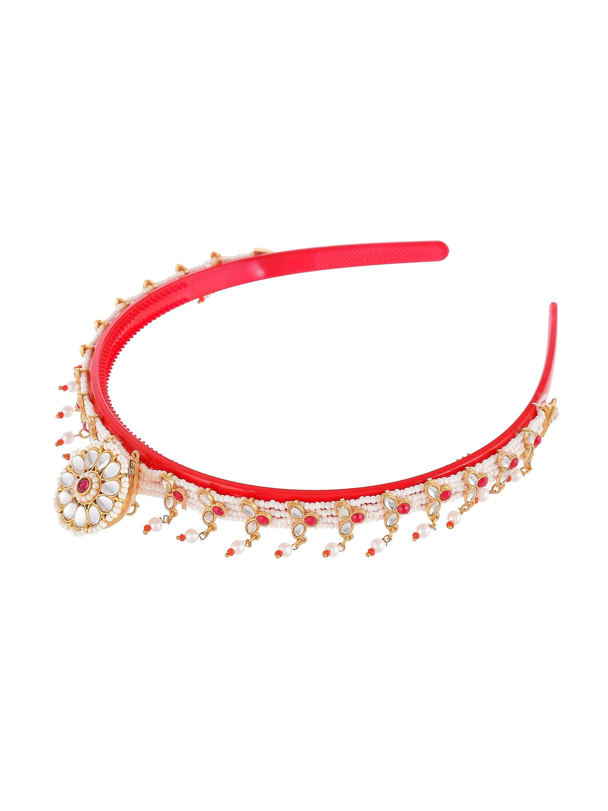 Gold Plated Red Color Beaded Hair Band With Borla