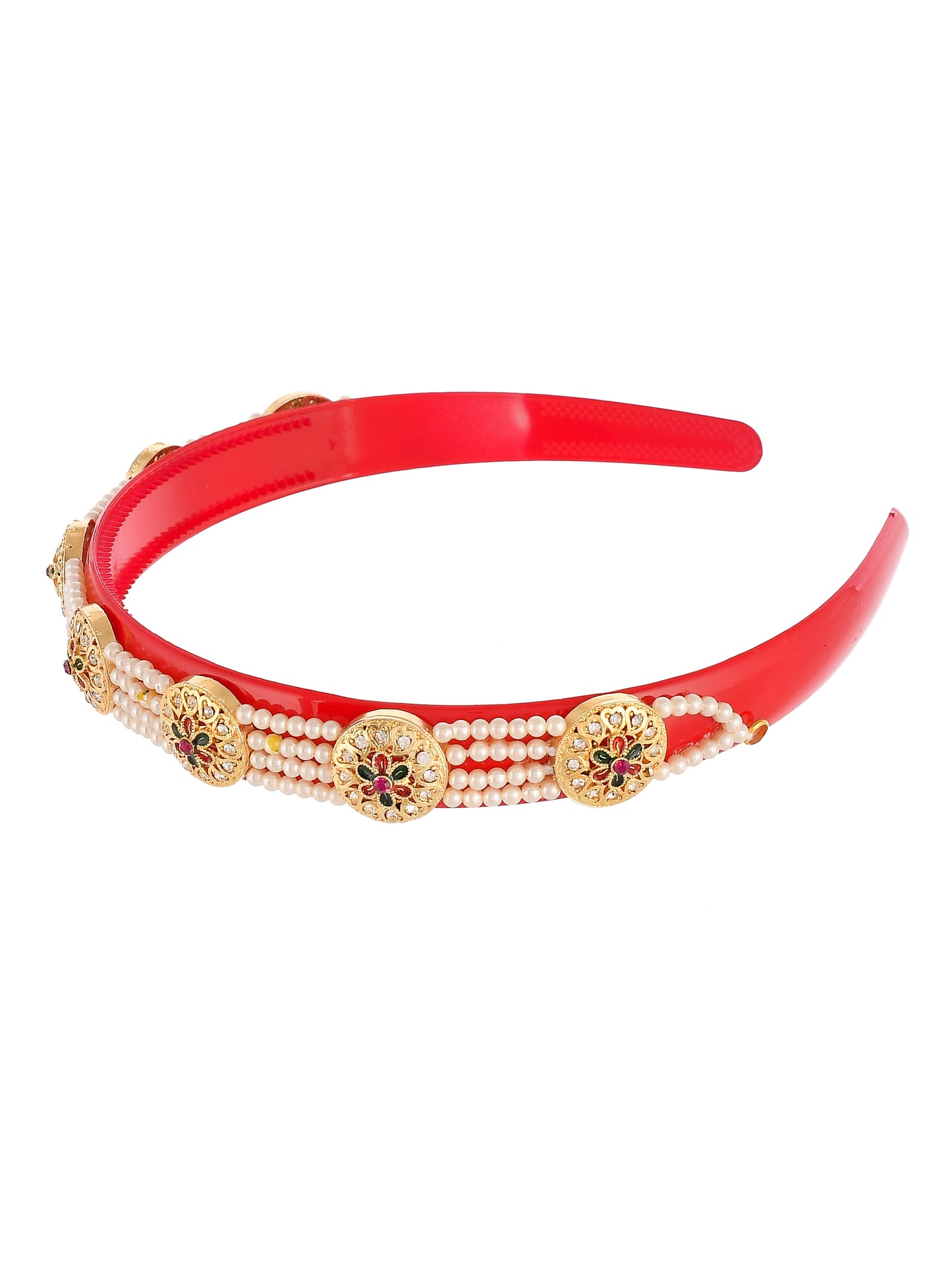 Gold Plated Red Color Beaded Hair Band