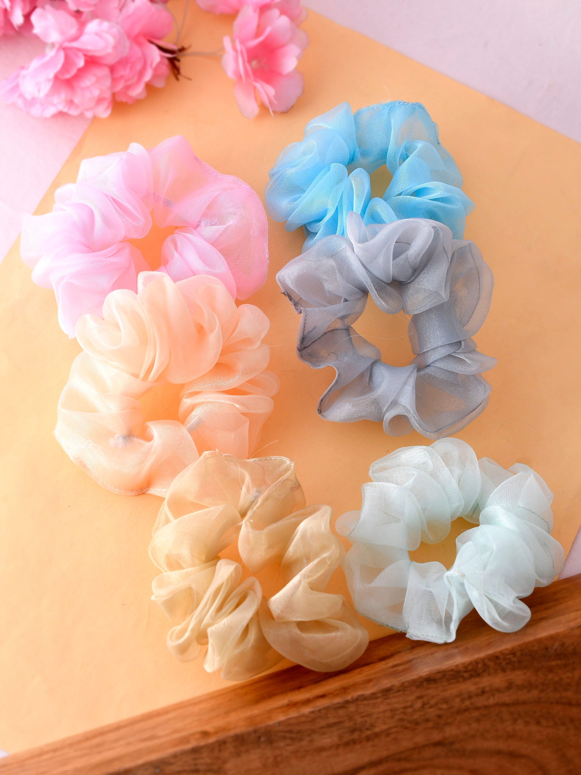 Set Of 6 Multi Colored Organza Scrunchies Ponytail Holders