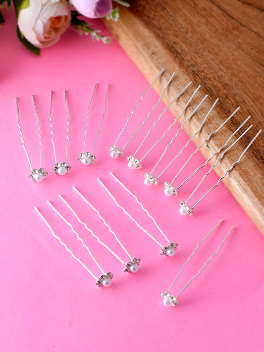 Set Of 12 Silver Toned Pearl Beaded U Pins